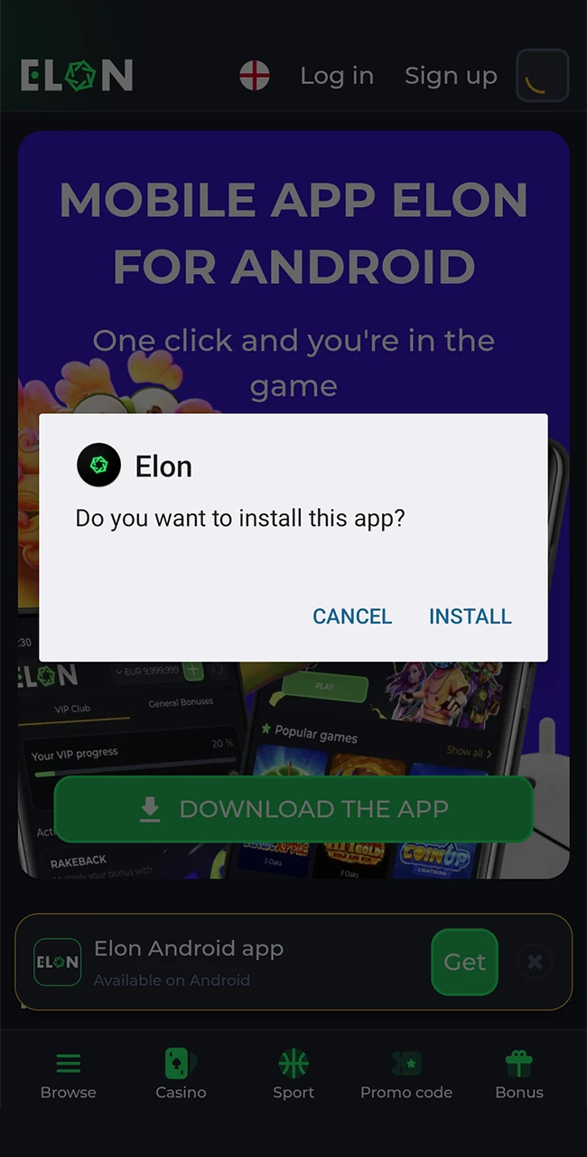 Confirm the installation of the ElonBet app and wait for it to complete.