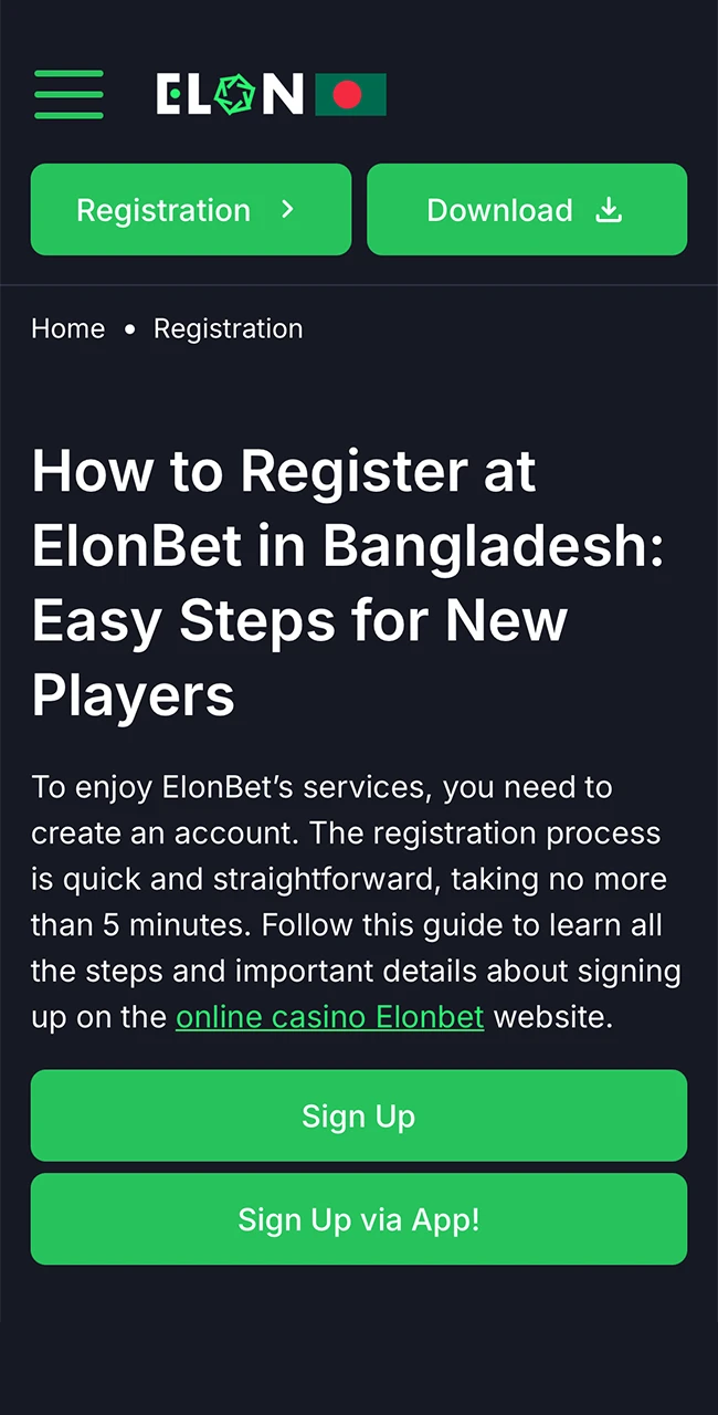 Use the link to open the authentic ElonBet Casino site and efficiently complete your registration.